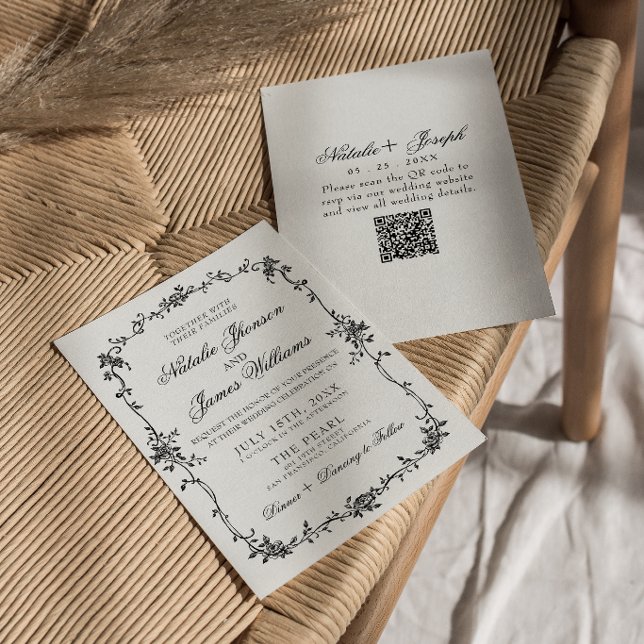 Invitation Code QR Mariage Botanique Noir Blanc Floral Élégan (Créateur téléchargé)