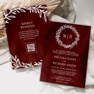 Invitation Code QR Mariage Branche Feuille Rouge Argent
