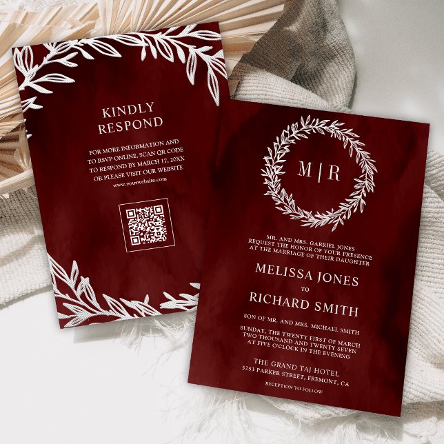 Invitation Code QR Mariage Branche Feuille Rouge Argent (Créateur téléchargé)