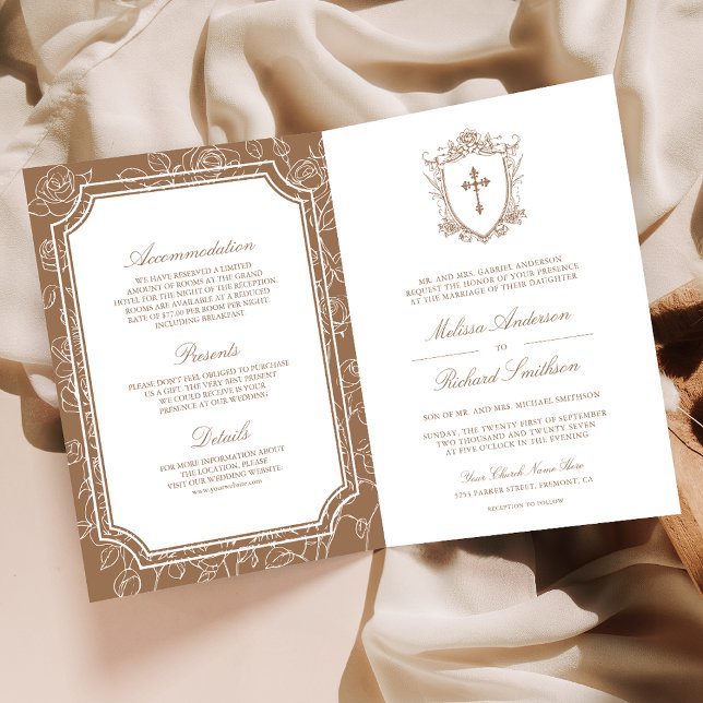 Invitation Code QR Mariage Catholique Beige Brun Victoriaien (Créateur téléchargé)