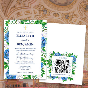 Invitation Code QR Mariage Catholique Hortensias Bleus Or