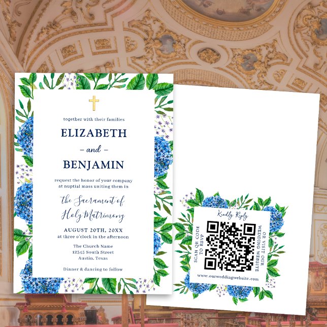 Invitation Code QR Mariage Catholique Hortensias Bleus Or (Créateur téléchargé)