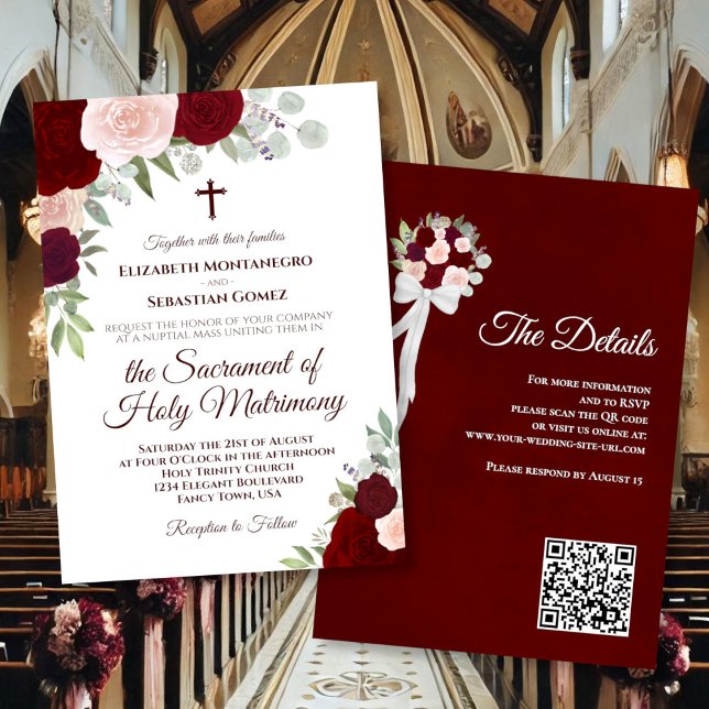 Invitation Code QR Mariage Catholique Roses Bohème Bourgogne (front/back)