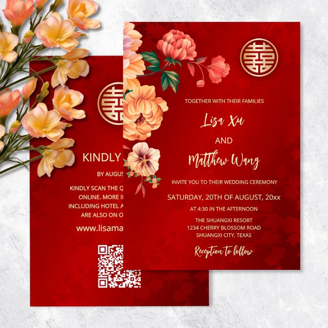 Invitation Code QR | Mariage chinois Peony (Créateur téléchargé)