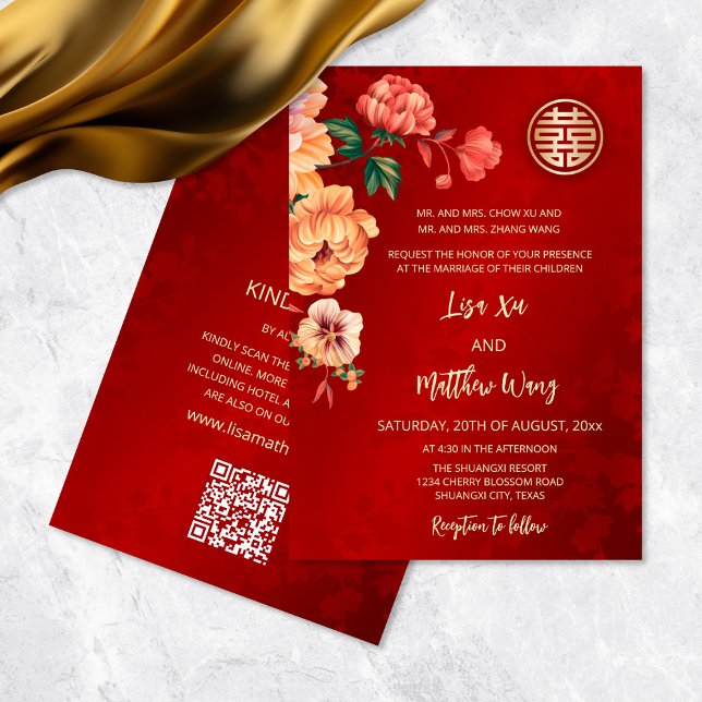 Invitation Code QR | Mariage chinois Peony (Créateur téléchargé)