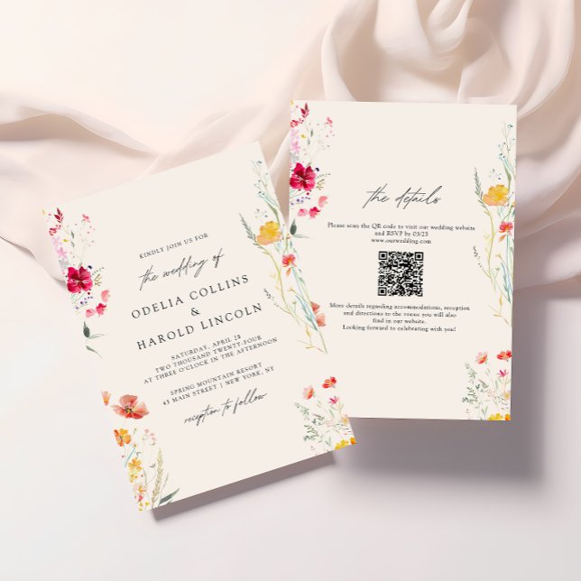 Invitation Code QR Mariage couleur crème Fleur sauvage (Créateur téléchargé)