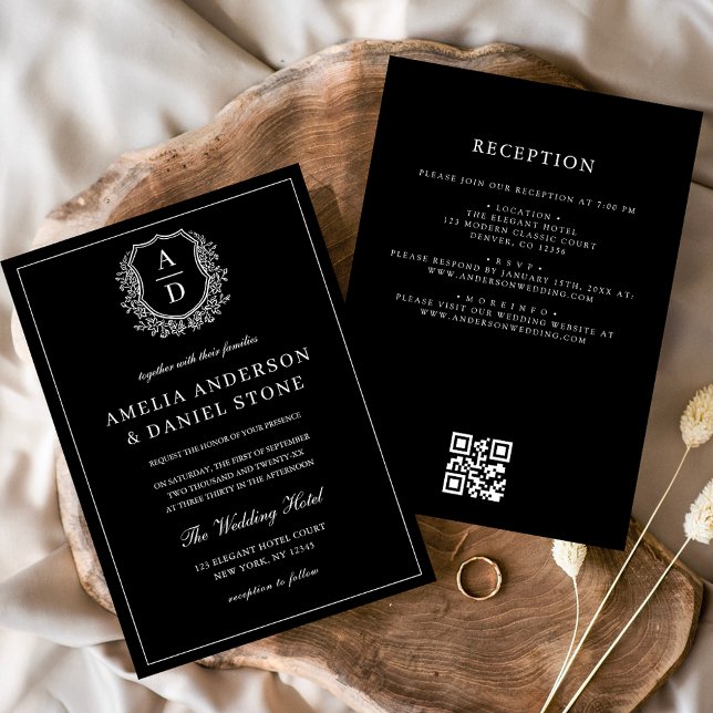 Invitation Code QR Mariage de monogramme de crête feuillue (Créateur téléchargé)
