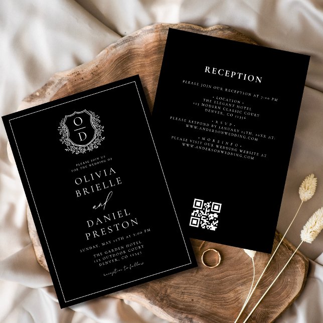Invitation Code QR Mariage de monogramme de crête feuillue (Créateur téléchargé)