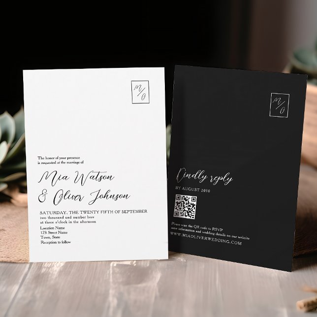 Invitation Code QR Mariage de monogramme noir et blanc minima (Créateur téléchargé)