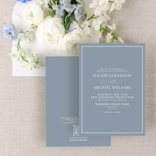 Invitation Code QR - Mariage de script classique en bleu Dust (Créateur téléchargé)