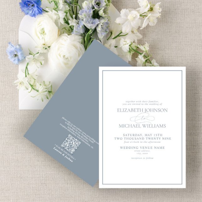 Invitation Code QR - Mariage de script classique en bleu Dust (Créateur téléchargé)