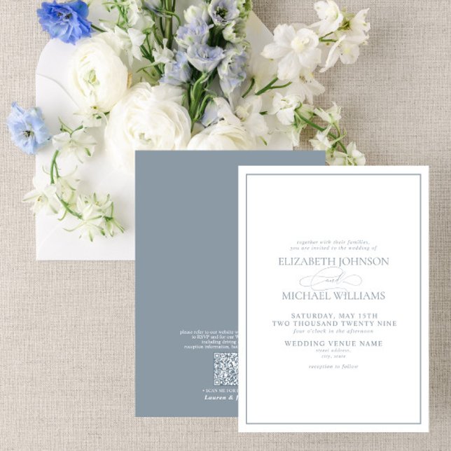 Invitation Code QR - Mariage de script classique en bleu Dust (Créateur téléchargé)