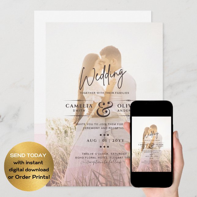 Invitation Code QR Mariage de superposition photo Ombre rose  (Créateur téléchargé)