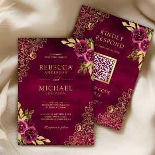 Invitation Code QR Mariage Dentelle Or Floral Fuchsia Magenta