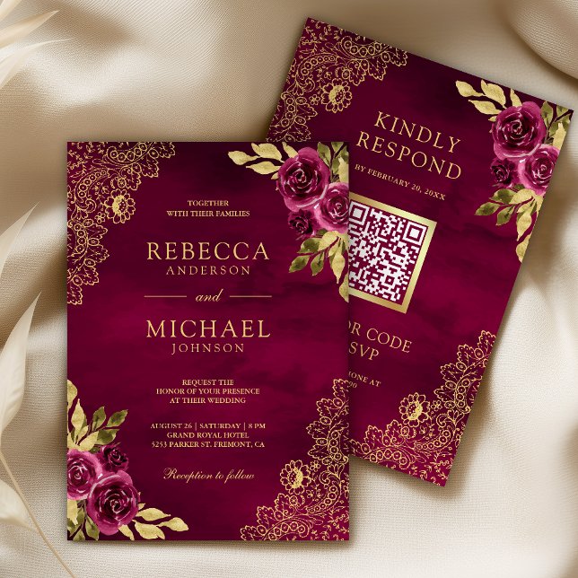 Invitation Code QR Mariage Dentelle Or Floral Fuchsia Magenta (Créateur téléchargé)
