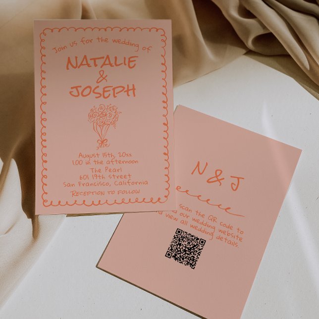 Invitation Code QR Mariage Dessiné à la Main Corail Rétro (Créateur téléchargé)
