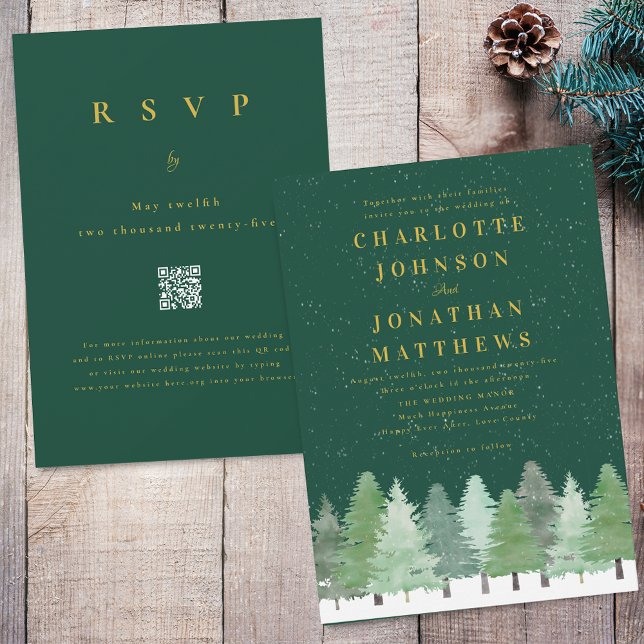 Invitation Code QR Mariage d'Hiver Bois Moderne Vert Or (Modern Woodland forest dark green and gold wedding qr code invitation)