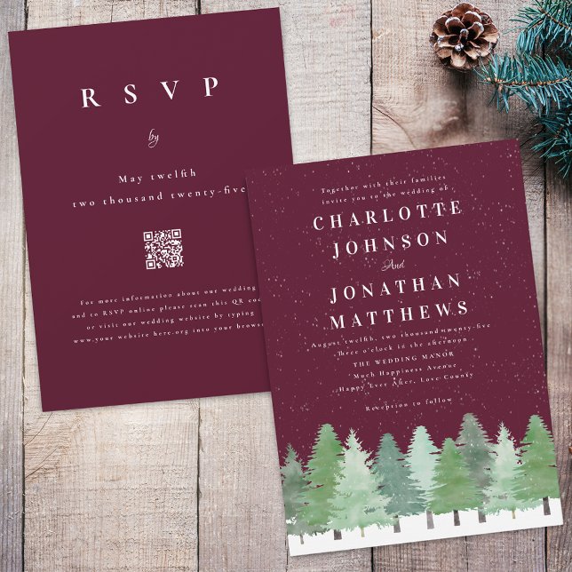 Invitation Code QR Mariage d'Hiver Bourgogne Bois Moderne (Modern Woodland snow forest burgundy and white winter wedding qr code invitation)