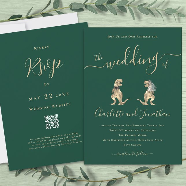 Invitation Code QR Mariage Dinosaur (T-Rex bride and groom funny dinosaur wedding dark green qr code invitation Elegant script)