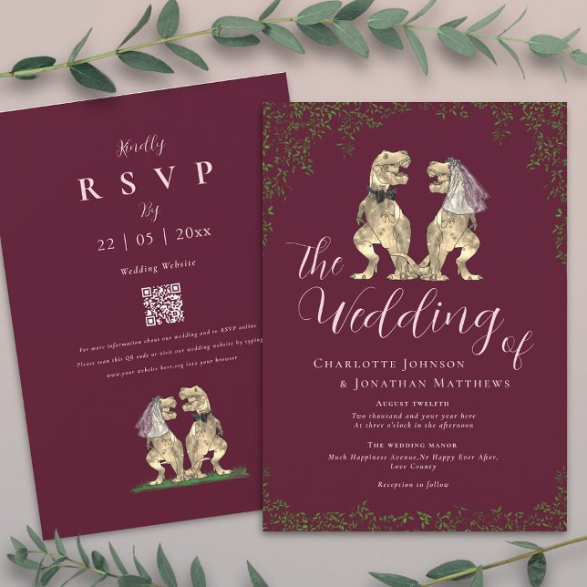Invitation Code QR Mariage Dinosaure Bourgogne et Rose Blush (T-Rex bride and groom funny dinosaur wedding burgundy & blush pink qr code invitation)