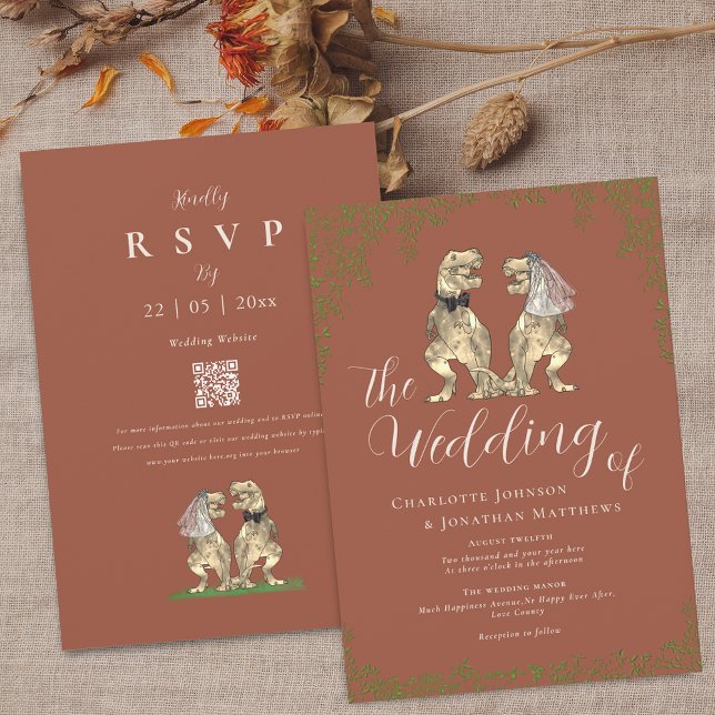 Invitation Code QR Mariage Dinosaure Terracotta Rouille & Bei (Boho fall dinosaur wedding terracotta green foliage elegant beige script invitation )