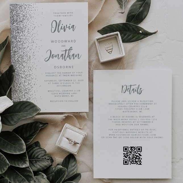 Invitation Code QR Mariage Écriture Blanche Pailletée Argenté (Créateur téléchargé)