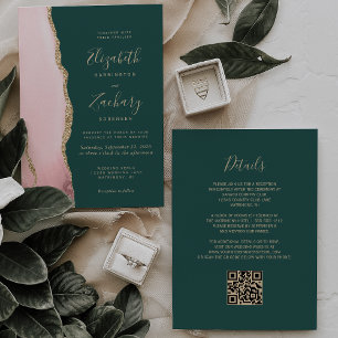 Invitation Code QR Mariage Émeraude Vert Agate Or Rouge Genci