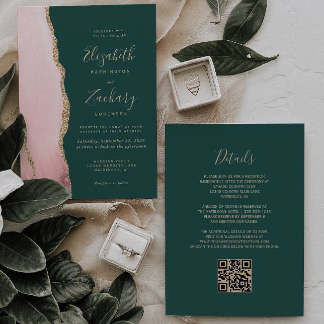 Invitation Code QR Mariage Émeraude Vert Agate Or Rouge Genci (Créateur téléchargé)