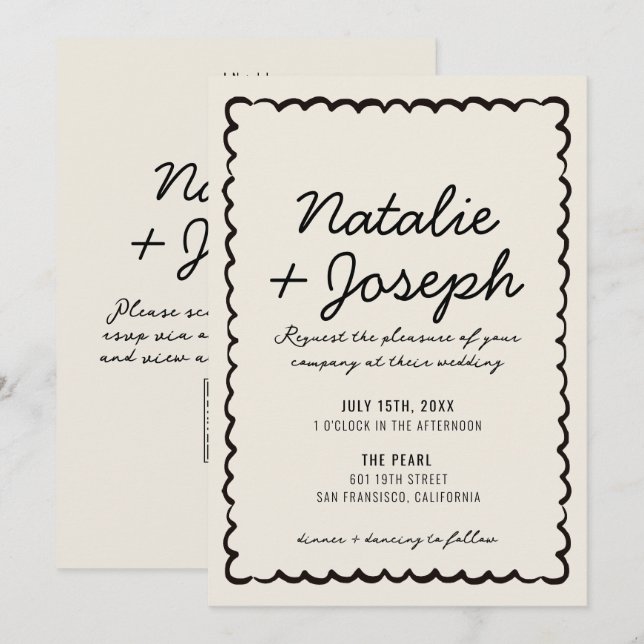 Invitation Code QR Mariage Fantaisiste Moderne Crème Noir (Devant / Derrière)