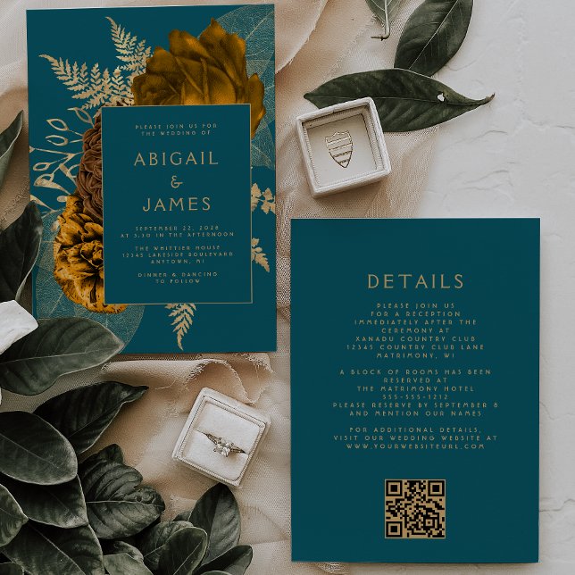 Invitation Code QR Mariage Fleur Bleu Sarcelle Or Orange Brûl (Créateur téléchargé)
