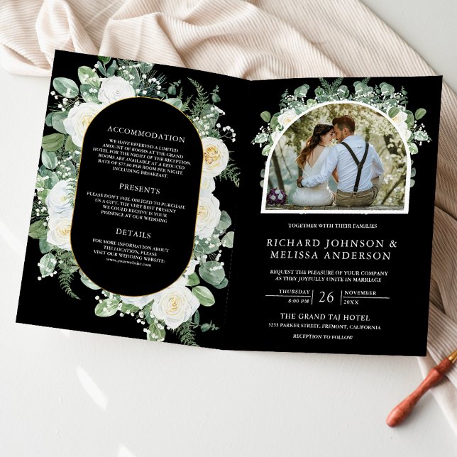 Invitation Code QR Mariage Fleur Photo Noir Ivoire (Créateur téléchargé)