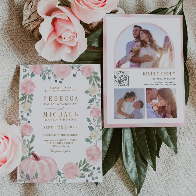 Invitation Code QR Mariage Fleurs de Citrouille Rose Pâle Rus (Créateur téléchargé)