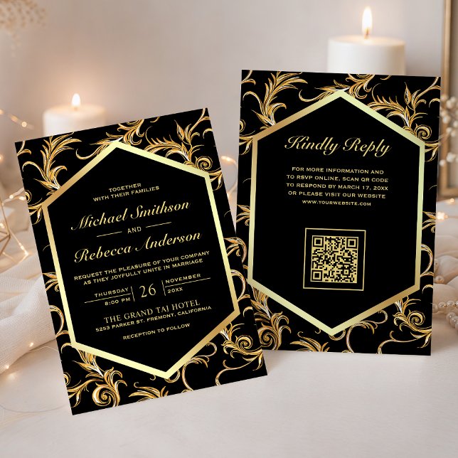Invitation Code QR Mariage Floraison de Farine d'Or Noir (Créateur téléchargé)