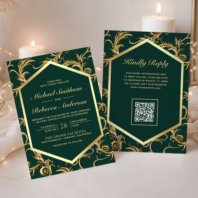 Invitation Code QR Mariage Floraison Or Vert Émeraude (Créateur téléchargé)