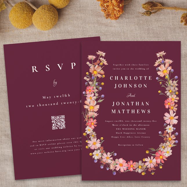 Invitation Code QR Mariage Floral Bohème Automne Bourgogne (Boho fall wildflower rustic floral wreath burgundy wedding qr code invitation Elegant watercolor)