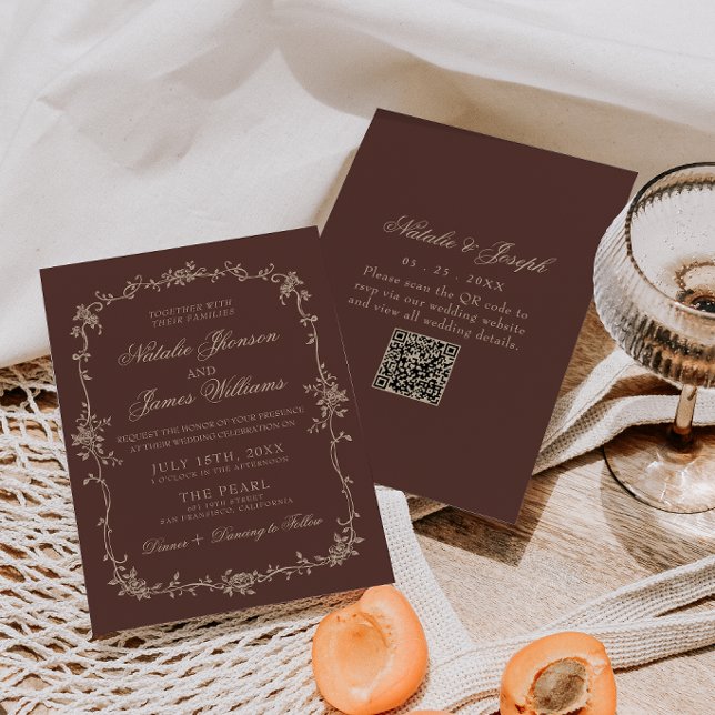 Invitation Code QR Mariage Floral Brun Chocolat Vieille Fortu (Créateur téléchargé)