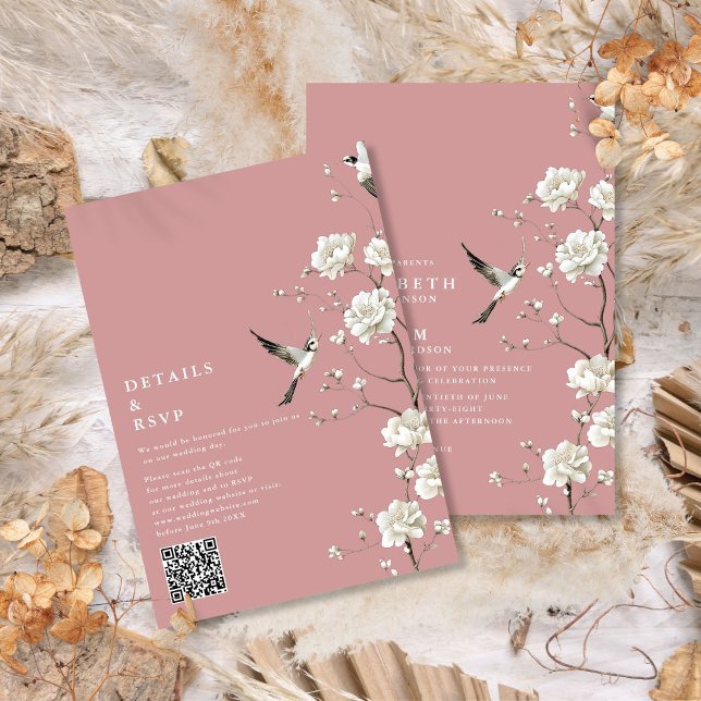 Invitation Code QR mariage floral chinoiserie rose poussiéreu (Dusty Rose Chinoiserie Floral QR Code Wedding Invitation)