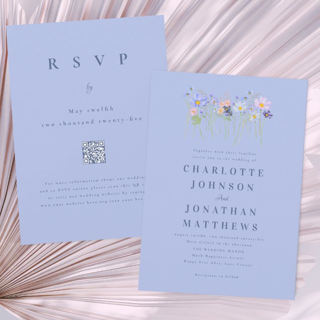 Invitation Code QR Mariage Floral Moderne Fleur Sauvage Bleu  (Modern wildflower boho blue & pink watercolor floral wedding QR code invitation cornflower navy )