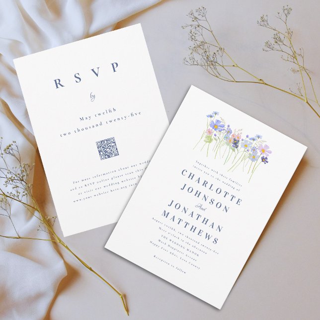 Invitation Code QR Mariage Floral Moderne Fleur Sauvage Bleu  (Boho chic wildflower meadow blue and pink watercolor floral wedding qr code invitation)