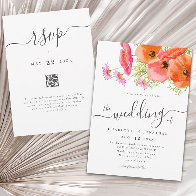 Invitation Code QR Mariage Floral Rose Orange Vibrant Moderne (Modern vibrant pink orange garden floral wedding qr code invitation)