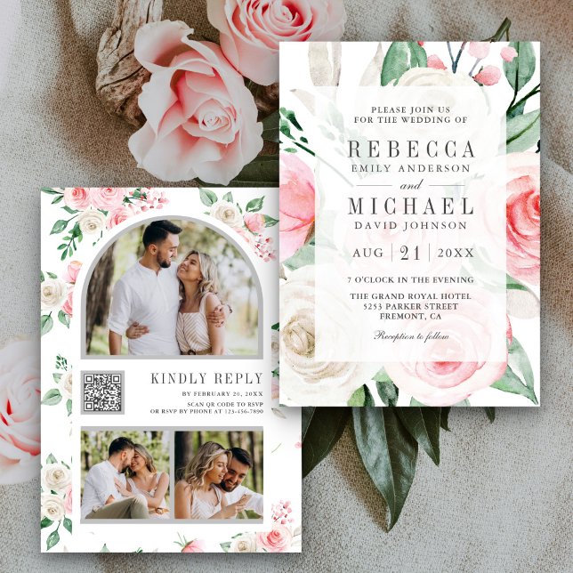 Invitation Code QR Mariage Floral Rose Pâle Ivoire Rustique (Créateur téléchargé)