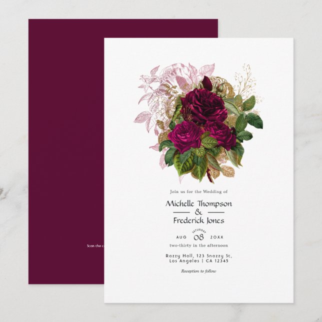 Invitation Code QR Mariage Floral Shabby Or Bourgogne Rose (Devant / Derrière)