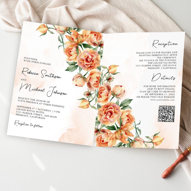 Invitation Code QR Mariage Floral Terreux Pêche Rustique (Créateur téléchargé)