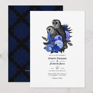 Invitation Code QR Mariage Gothique Hiboux Bleu Royal Vintage