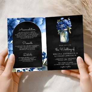 Invitation Code QR Mariage Jar Fleur Royal Bleu Noir