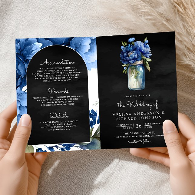 Invitation Code QR Mariage Jar Fleur Royal Bleu Noir (Créateur téléchargé)