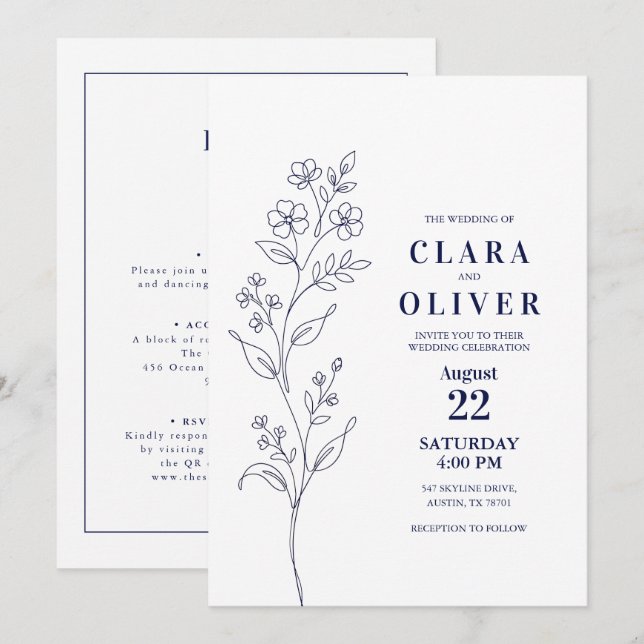 Invitation Code QR Mariage Ligne Artistique Florale Bleu Nuit (Devant / Derrière)