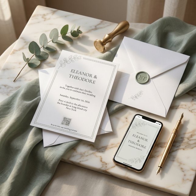 Invitation Code QR Mariage Luxe Tranquille Vert Sauge (Sage Green Quiet Luxury QR Code Wedding Invitation)