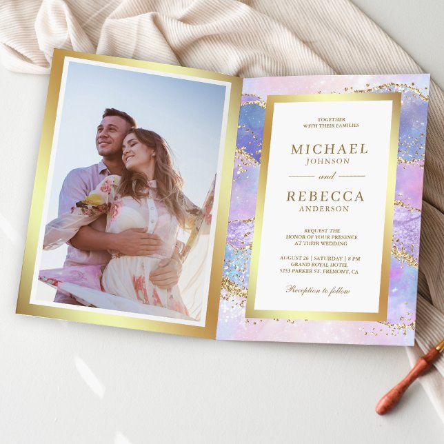 Invitation Code QR Mariage Marbre Agate Rose Lavande Or (Créateur téléchargé)