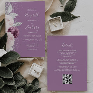 Invitation Code QR Mariage Mauve Fleurie Rose Pâle Paillettes